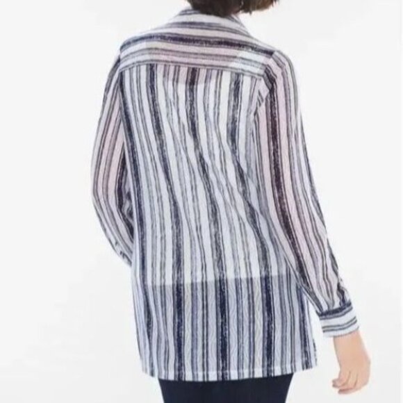 Chico's Travelers Collection Blue White Striped Button Semi-Sheer Shirt 1 - Picture 3 of 11